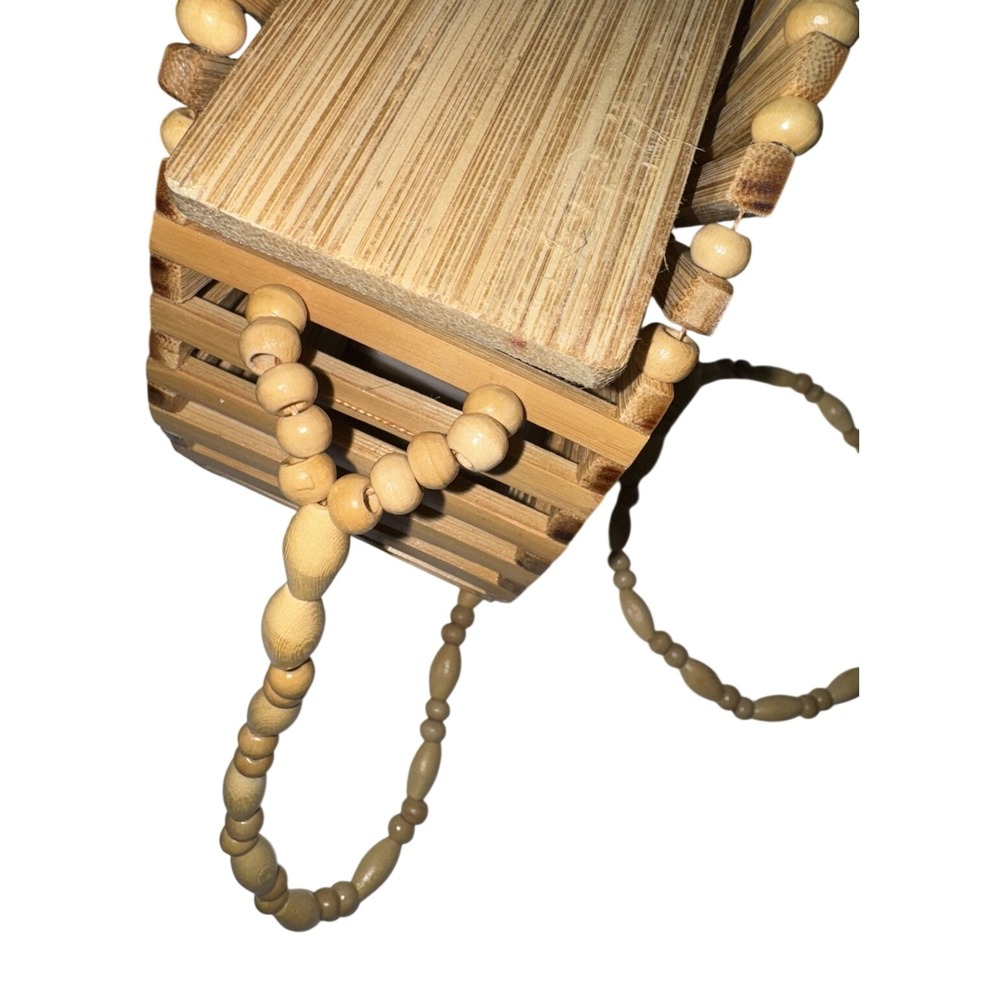 Natural Bamboo Round Cage Crossbody Bag Beaded Strap Wood Slat Circle Handbag - Picture 7 of 8